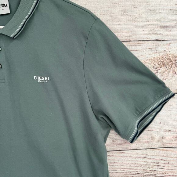 Diesel Jeans Short Sleeve Polo Shirt Mens XL Green Striped Collar - Picture 4 of 10
